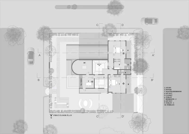 First floor plan drawing showing bedrooms and terraces with surrounding landscape elements