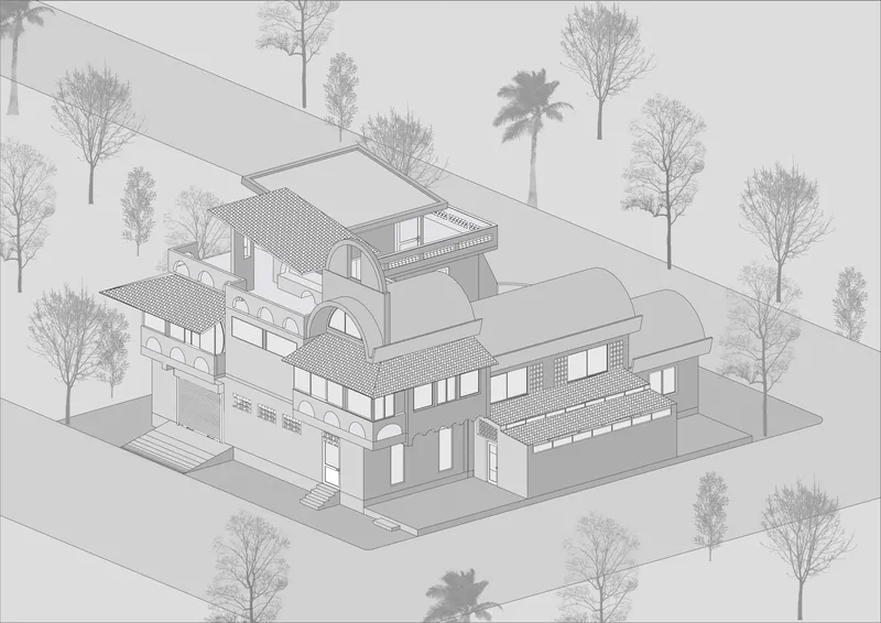 Axonometric drawing of the multi-level residence with barrel vaults and flat roofs surrounded by palm and deciduous trees