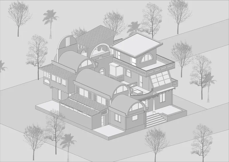 Axonometric drawing showing the arched roofs, terraces, and glazed openings from the opposite angle with trees scattered around