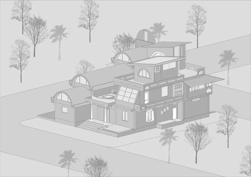 Axonometric drawing displaying the entry facade with stairs, arched forms, and tile roofs among palms and bare trees
