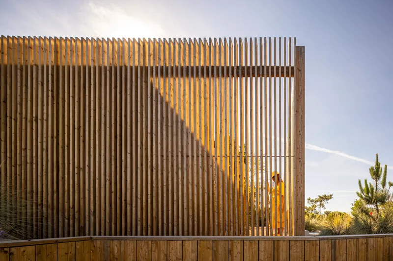 Exterior facade of vertical timber battens filtering afternoon light with planted vegetation visible through the screen