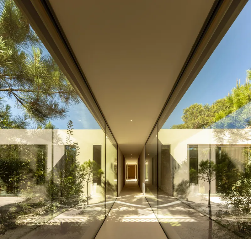 Glass-walled corridor with planted courtyards on either side in dappled sunlight