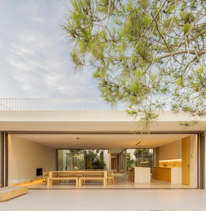 Covered terrace with folding glass doors opening to dining area and kitchen under pine branches
