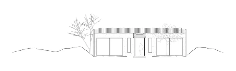 Elevation drawing depicting a low horizontal structure with vertical roof slats and flanking bare trees