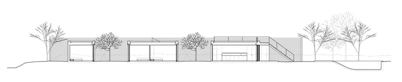 Elevation drawing showing interconnected pavilions with varying roof heights along a sloped landscape