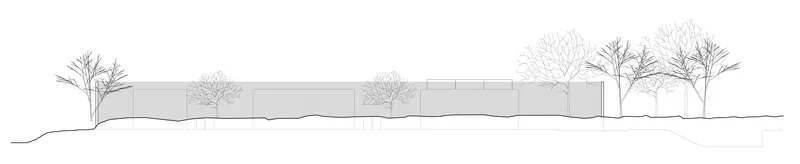 Elevation drawing of a long horizontal retaining wall with planted trees along undulating ground