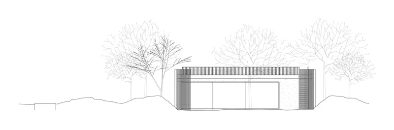 Elevation drawing of a rectangular pavilion with vertical timber cladding framed by deciduous trees