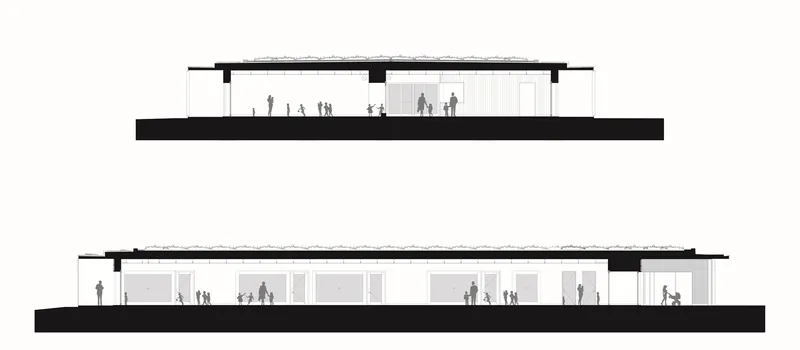 Elevation drawings showing the single-story profile with flat roof and interior figures at two different facades
