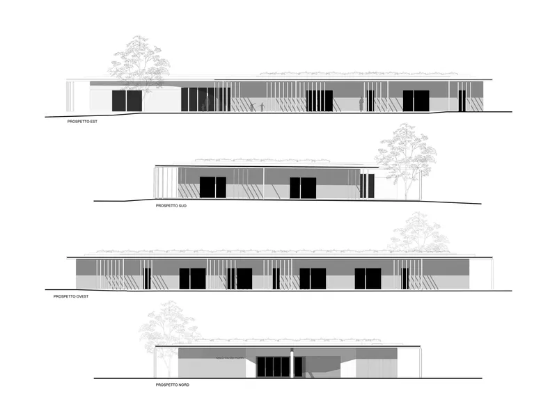 Elevation drawings showing four facades with vertical slatted screens and mature trees beside the structure