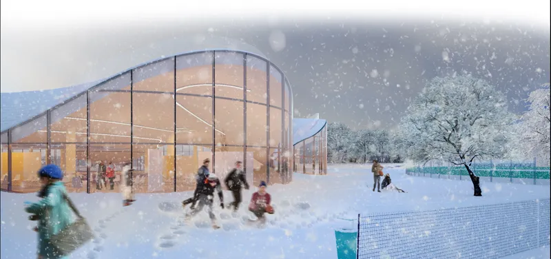 Transparent facades and snow-covered public spaces create a warm, community-focused school architecture adaptable to all seasons.