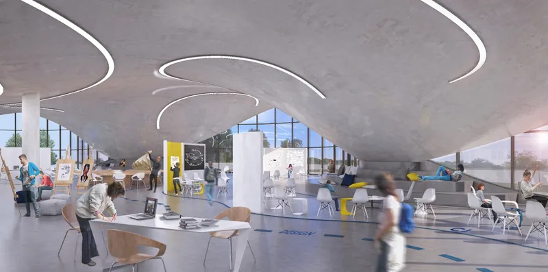 Flexible interiors and collaborative zones redefine future school architecture by removing boundaries between learning, making, and social interaction.