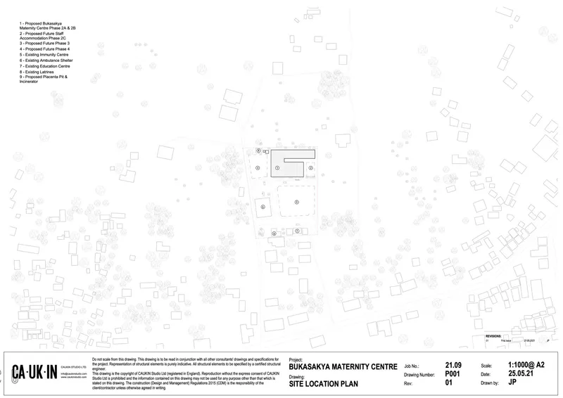 Site location plan drawing showing the facility footprint within scattered residential blocks and tree cover