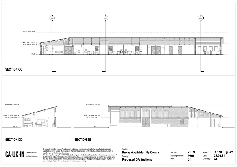 Section drawings illustrating varied roof slopes and internal room heights across multiple building cuts