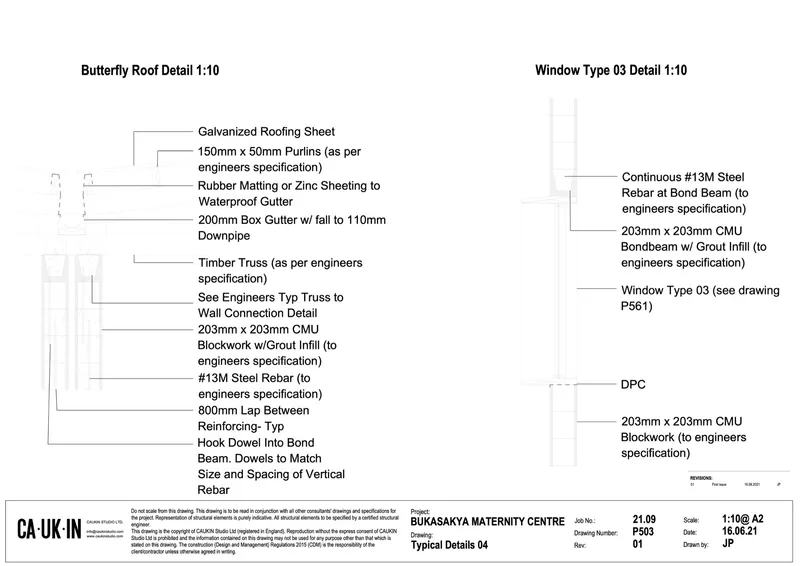 Construction detail drawings of butterfly roof assembly and window bond beam connection