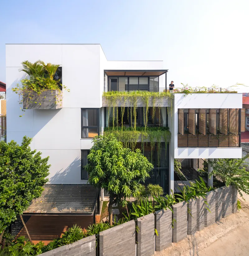 Street view of white stucco volumes with cascading planted terraces and vertical greenery under afternoon sunlight