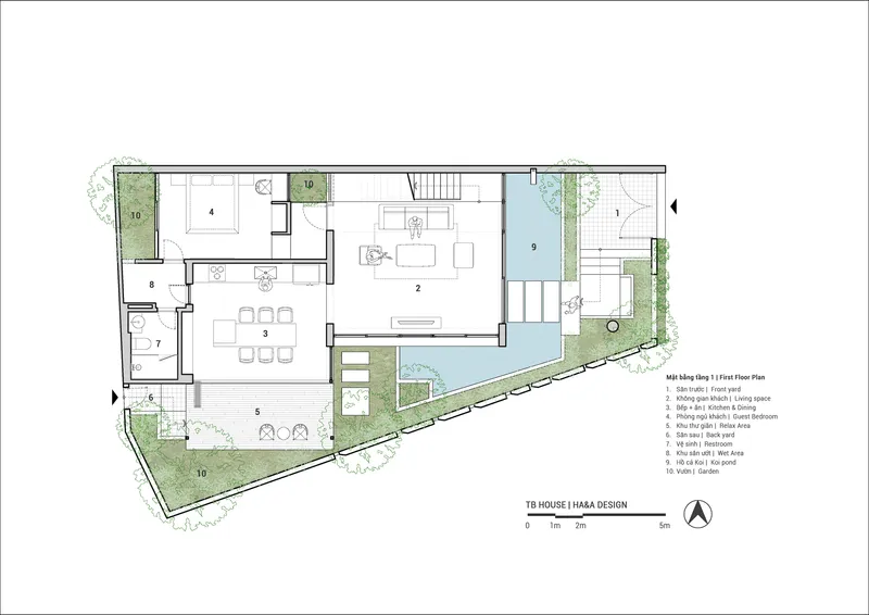 First floor plan drawing showing living spaces, pool, and landscaped courtyards on sloped site