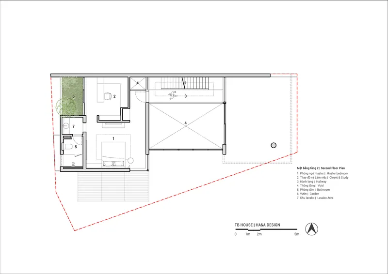 Second floor plan drawing showing bedroom suite and terrace with planted balcony