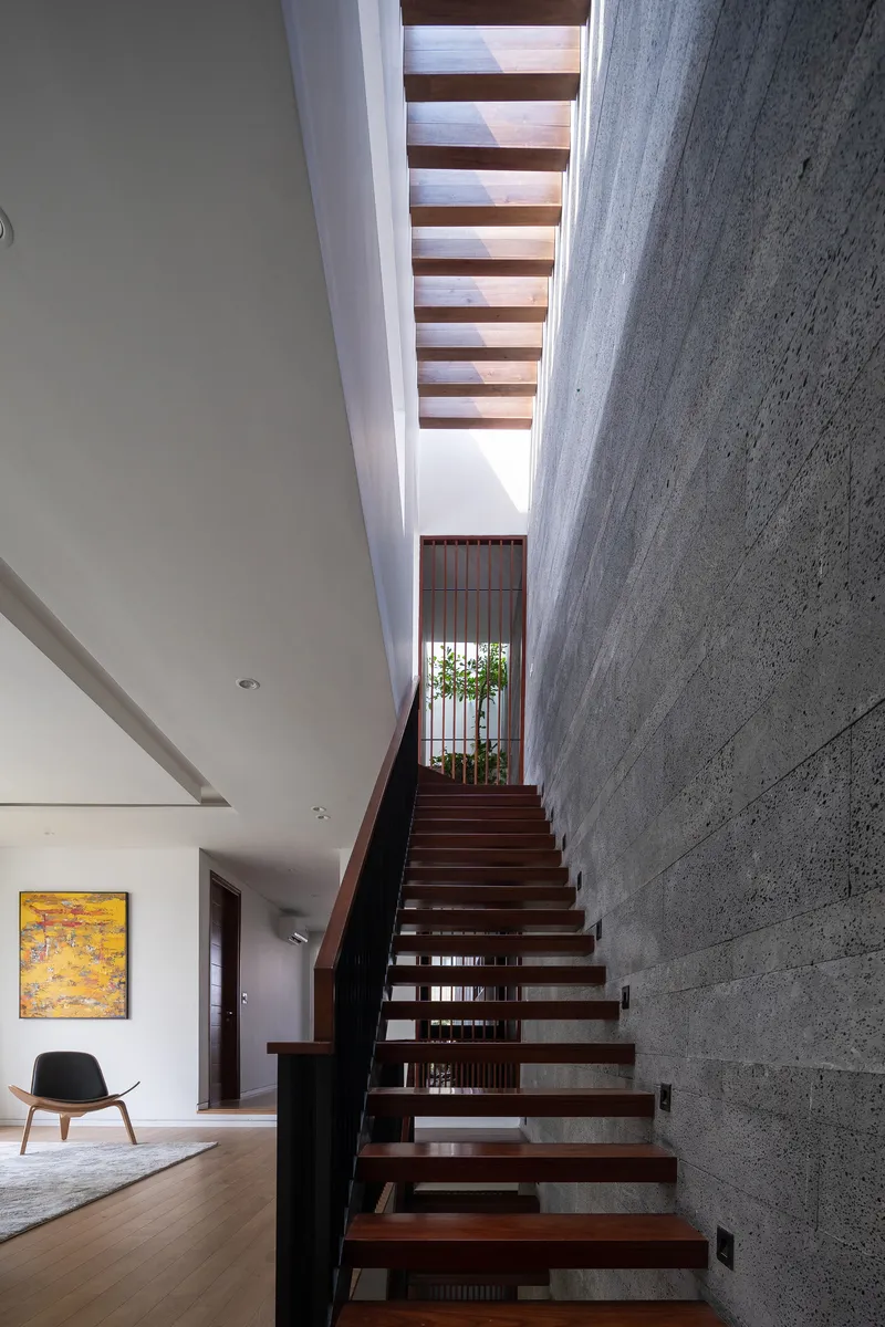 Open-tread timber staircase beside board-formed concrete wall with skylight above
