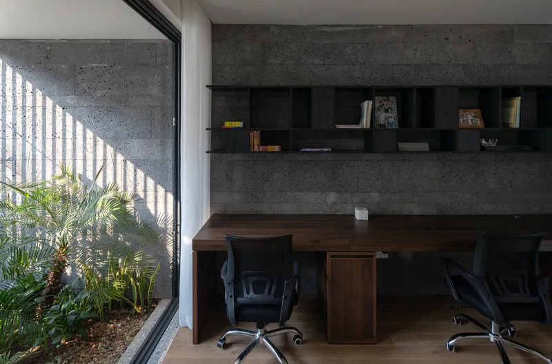 Workspace with walnut desk and concrete wall shelving overlooking a planted lightwell with filtered sun