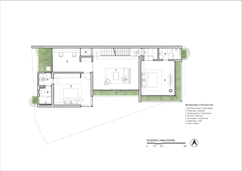 Third floor plan drawing showing two bedrooms with courtyards and planted green spaces