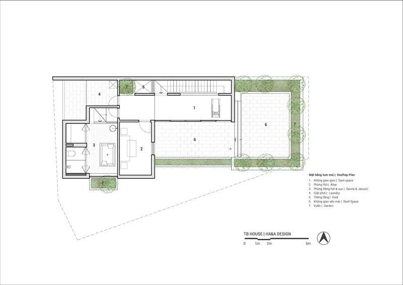 Rooftop plan drawing depicting open terraces with planted edges and a stair access