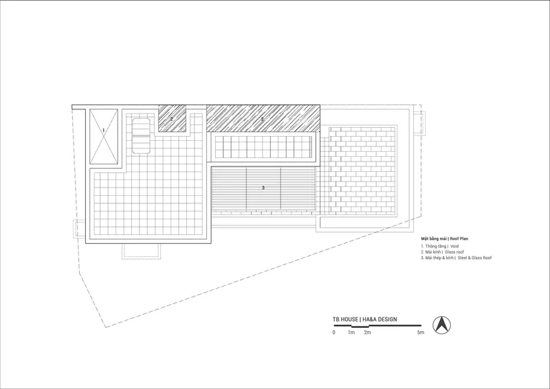 Roof plan drawing showing tile patterns and glass roof areas across three volumes