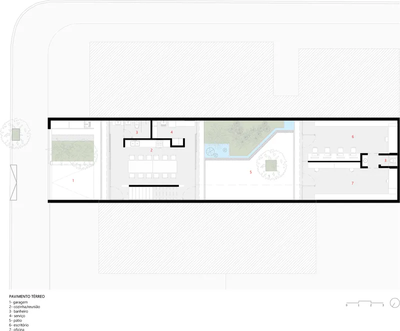 Ground floor plan showing garage, kitchen, pool, and courtyard with circular tree plantings