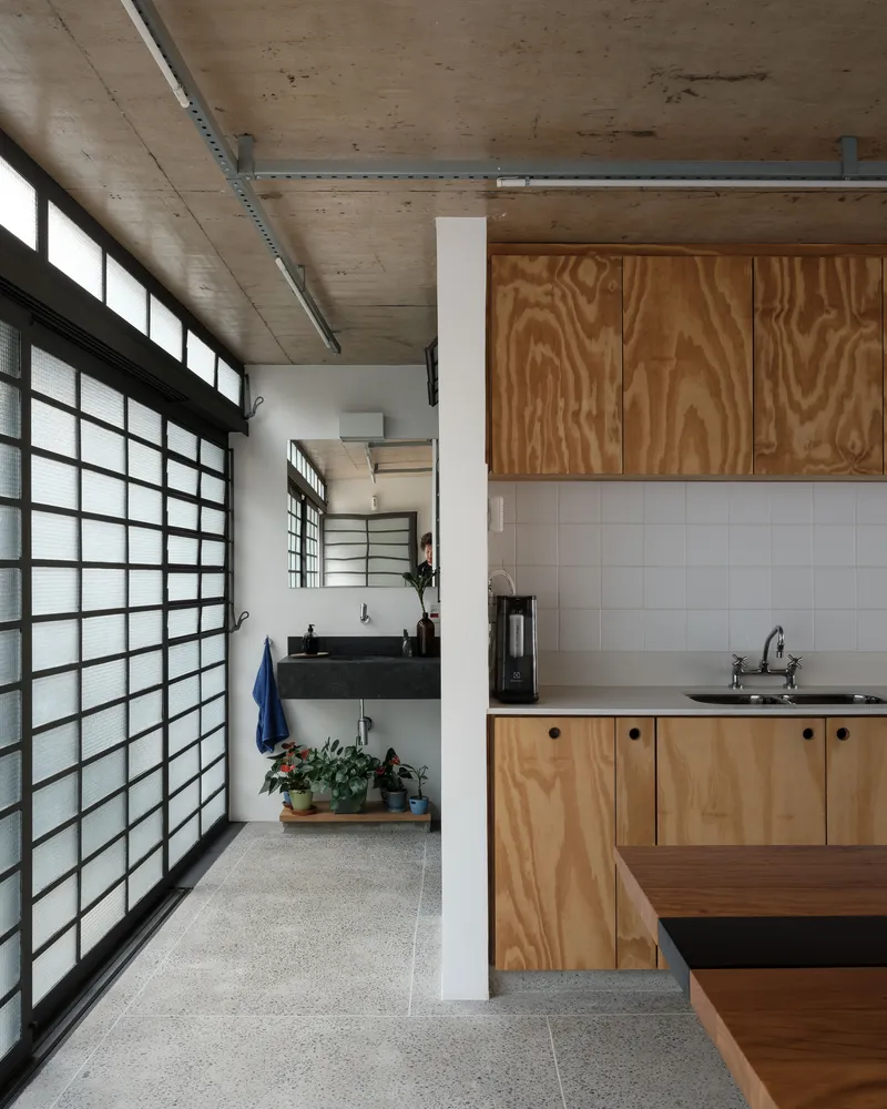 Kitchen with plywood cabinets and gridded glass block wall admitting filtered daylight from the street