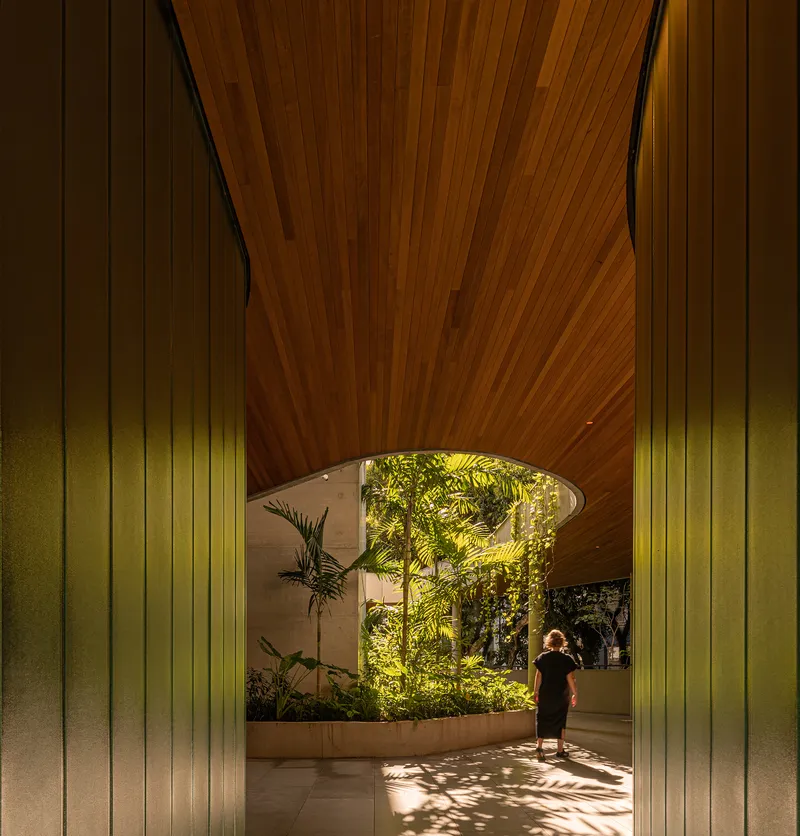 Corridor framed by green vertical panels leading to a planted courtyard beneath a flowing timber soffit