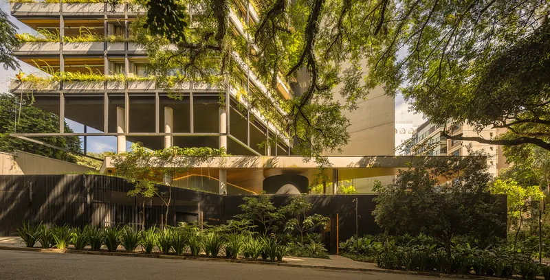 Ground level entry with planted garden beds and dark screens beneath the elevated structure