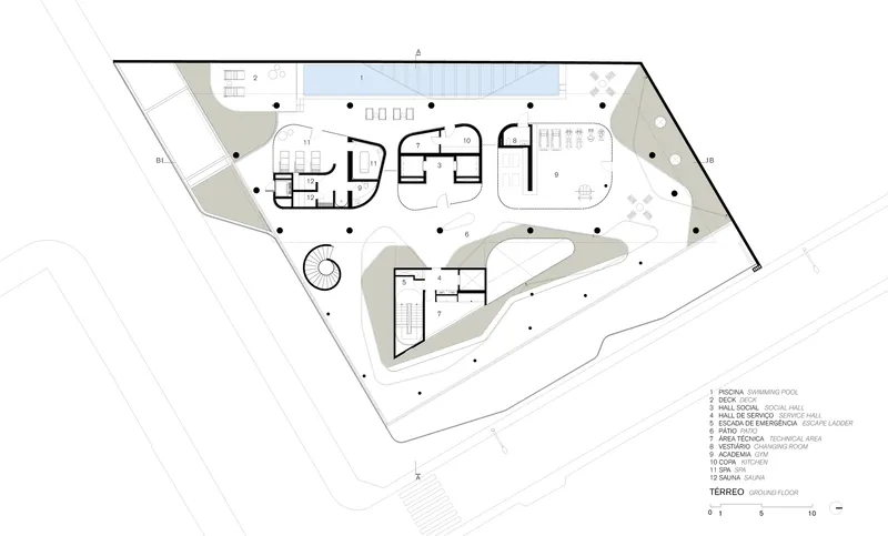 Ground floor plan drawing showing swimming pool, deck area, and curved pathways within the site