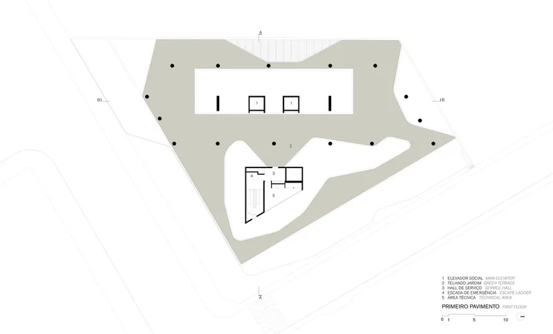 First floor plan drawing showing residential units arranged around central service core and elevator banks