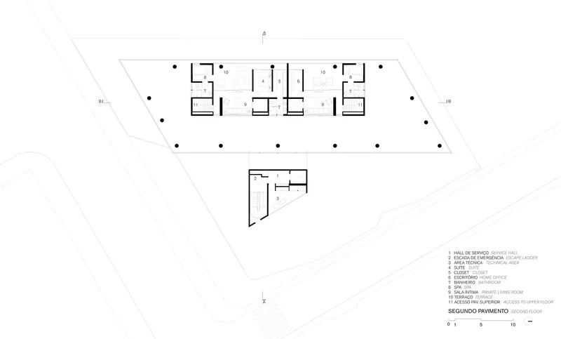 Second floor plan drawing showing residential units with repeated room layouts and central circulation corridor