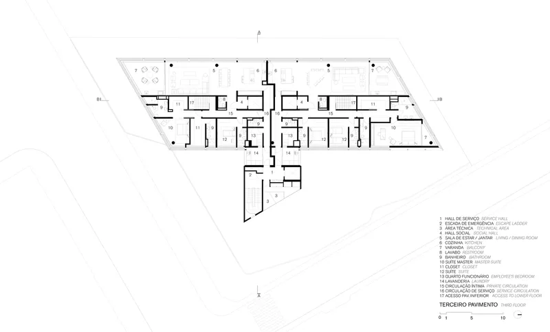 Floor plan drawing showing multiple service rooms and bedrooms arranged along a central corridor