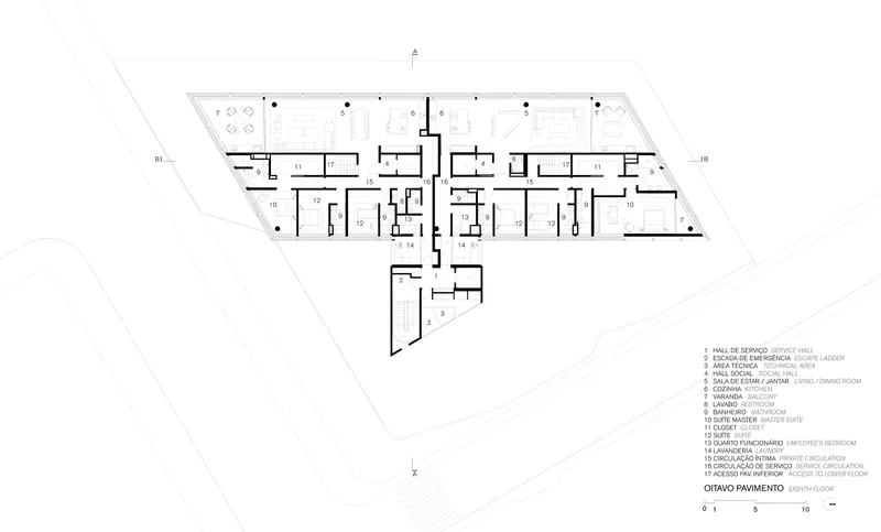 Floor plan drawing showing eighth floor level with residential units and central circulation core