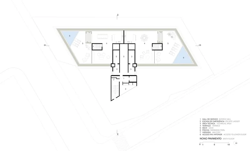Floor plan drawing of ninth level showing open terrace areas with swimming pool at the corners