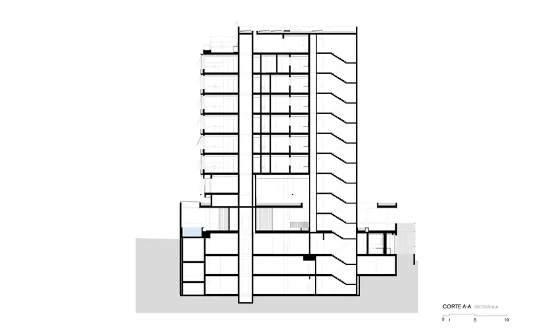 Section drawing showing a multi-story tower with stacked floor plates and an adjacent sloped stair element
