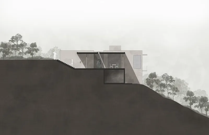 Section drawing revealing the structure embedded in a sloped hillside with surrounding vegetation