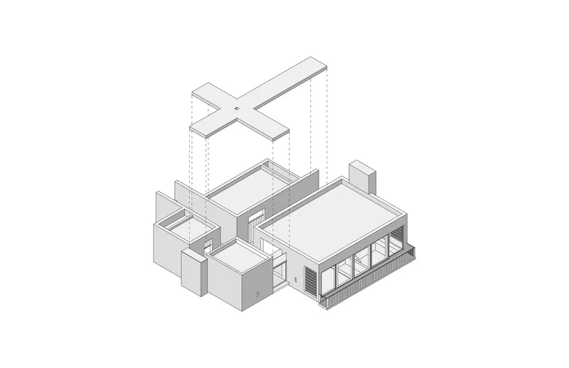 Axonometric drawing showing the interlocking volumes with cross-shaped rooftop element above