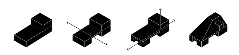 Axonometric diagram showing four stages of volumetric assembly with interlocking rectangular forms