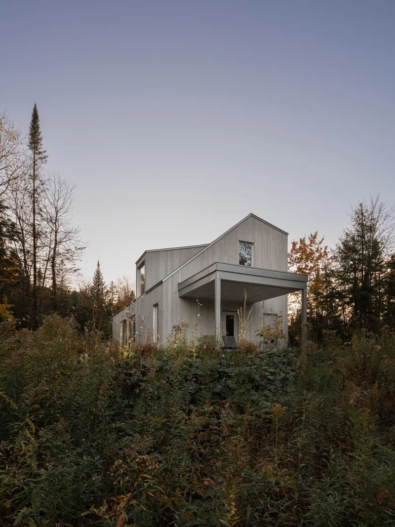 The projecting upper volume and recessed ground floor seen through tall grasses at dusk