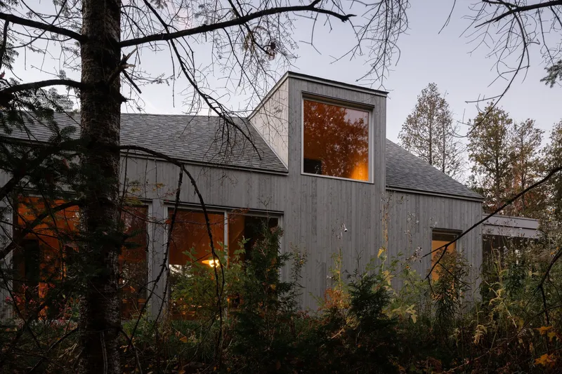 Timber-clad volumes with tall windows glowing at dusk among bare trees