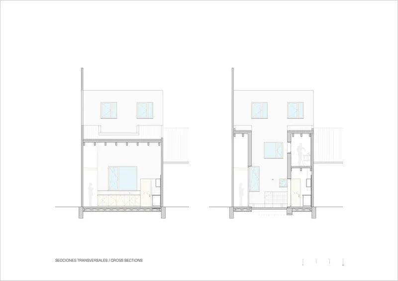 Cross section drawings revealing double-height spaces with upper level windows and courtyard pool