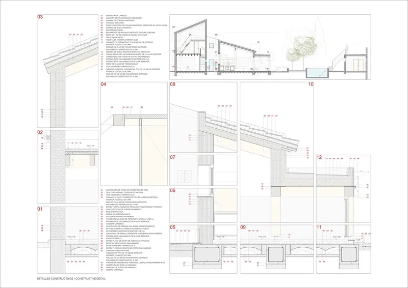 Construction detail drawings showing roof assembly connections and section views with numbered material layers