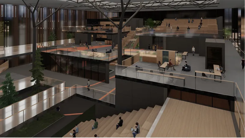 Flexible learning zones create visual connectivity between students, nature, and collaborative educational experiences.