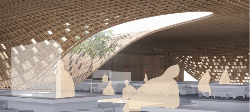 Undulating woven roof creating shaded communal dining and market spaces beneath