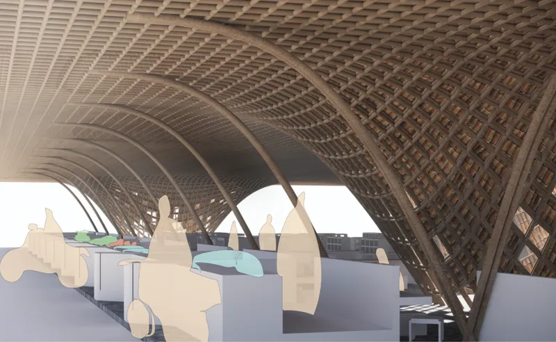 Structural bamboo lattice forming a continuous canopy that filters light and air