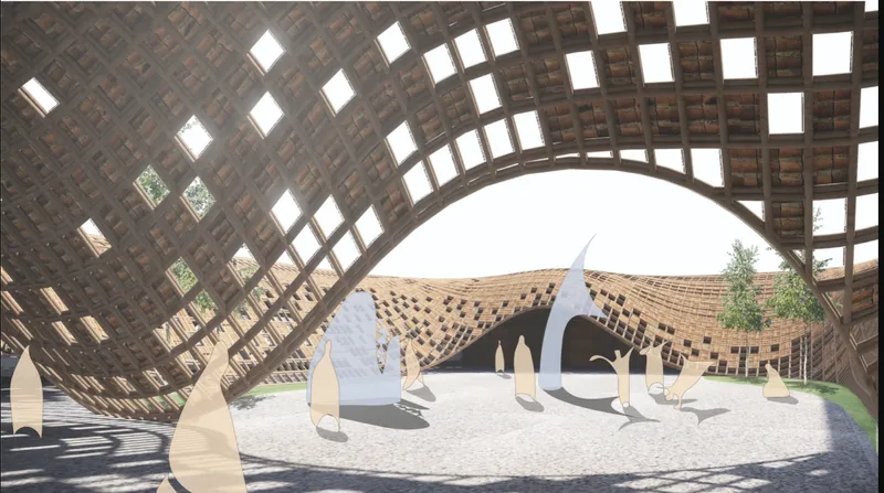 Central courtyard defined by porous roof openings and fluid spatial transitions
