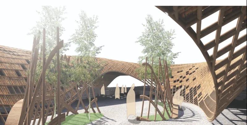 Flowing bamboo pavilion framing a dynamic entrance courtyard inspired by movement and urban rhythm