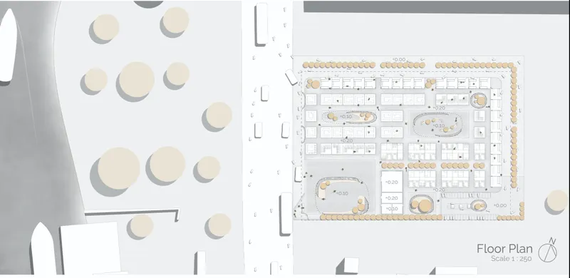 Integrated master plan organizing circulation, market modules, and public spaces around mobility-driven design